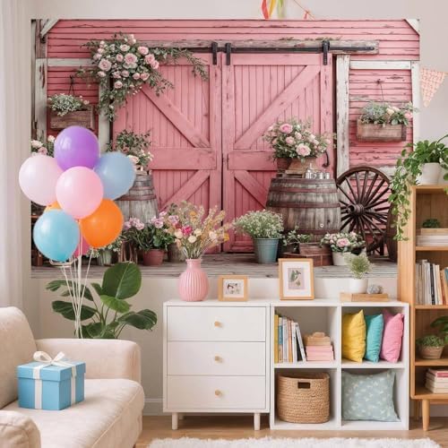 8x6ft Country Wedding Pink Photography Backdrop Rustic Wooden Barn Door Photography Backdrop Farmhouse Flower Western Girl Birthday Baby Shower Wedding Bridal Party Banner Photo Booth Props Background - Image 3