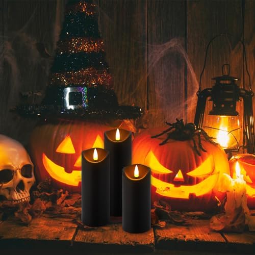 YOROXRG 12 Pack Halloween Decoration Flickering Flameless Candles, Battery Operated LED Pillar Candles with Remote Control and Timer.for Home Decor (D2.2 xH 5" 6" 7" Black) - Image 3