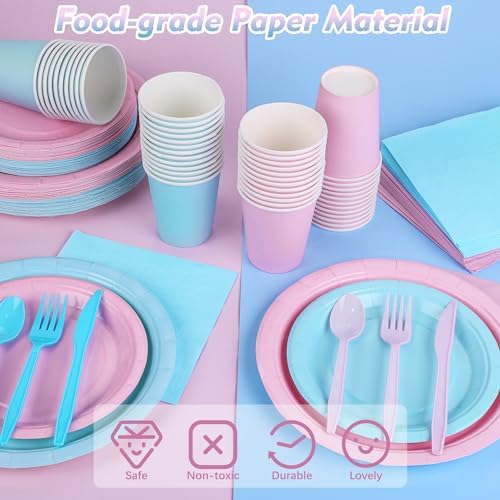 durony 350 Pieces Baby Gender Reveal Party Supplies Light Pink Light Blue Paper Plates Serve 50 Guests Boy or Girl Gender Reveal Plates Napkins Paper Cup Cutlery for 1st Birthday and Baby Shower Decor - Image 5