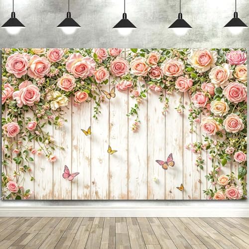 8X8ft Pink Roses Floral Backdrop Rustic Wooden Flowers Butterfly Photography Background Romantic Elegant Garden Wedding Bridal Shower Birthday Party Decorations Banner Studio Photo Booth Props - Image 5