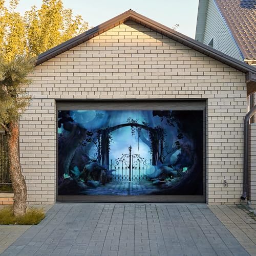 Mystical Forest Backdrop for Halloween Eve Party Dark Blue Moonlight Enchanted Woods Iron Gate Spooky Tree Foggy Night Photography Background Photo Booth Studio Props 15x10ft - Image 4