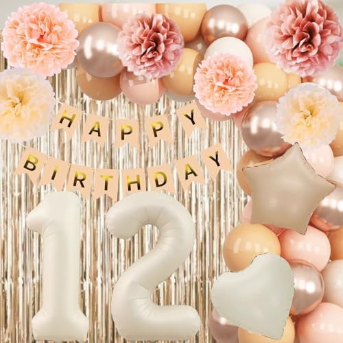 Beige Happy 12th Birthday Party Decoration Girls Cream Number 12 Balloon - Image 3