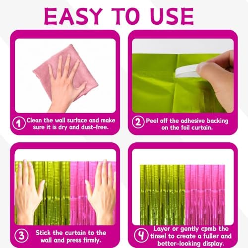 Hot Pink Lime Green Foil Fringe Curtains 4 Pack, Party Backdrop - Image 5