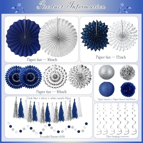 Meiduo 34 Pcs Blue Silver Party Decorations, Fans Lanterns Pom Poms Set - Image 2