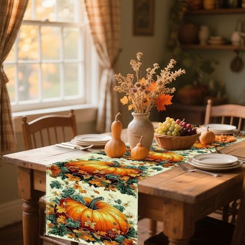 13x72 Inch Fall Table Runner - Orange Polka Dot Pumpkin Eucalyptus Wood Design, Festive Autumn Home Party Kitchen Decor - Image 4
