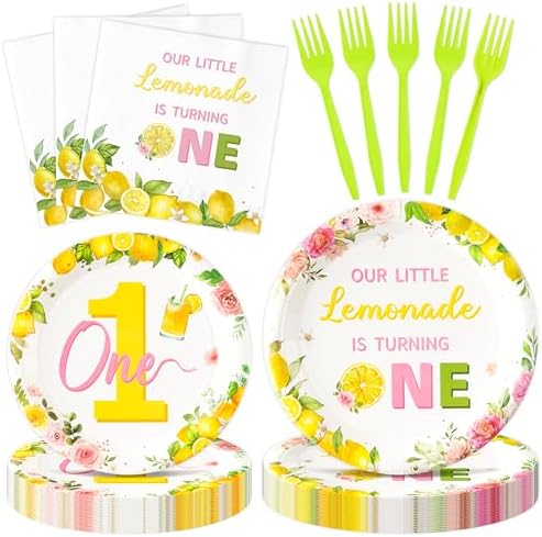 96Pcs Lemon 1st Party Plates Supplies Pink Yellow Our Little Lemonade Is Turning One First Birthday Tableware Decorations Disposable Paper Plates Napkins Forks for Kids Baby Shower, Serves 24 by G1ngtar