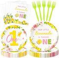 96Pcs Lemon 1st Party Plates Supplies Pink Yellow Our Little Lemonade Is Turning One First Birthday Tableware Decorations Disposable Paper Plates Napkins Forks for Kids Baby Shower, Serves 24 by G1ngtar