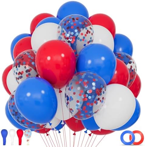 Red White Blue Latex Balloons 68 Pack, 12 Inch Patriotic Balloons with Confetti, Party Decorations for 4th of July, Independence Day, Graduation, Birthday, Air Helium Fill. by KUULBELAballoons