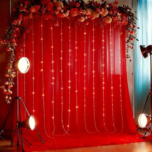 20x10ft Red Tulle Backdrop Curtain with Lights String for Parites, Sheer Photo Backdrop Curtains with Lights for Christmas Wedding Ceremony Reception Bridal Shower Baby Shower Birthday Party - Image 5