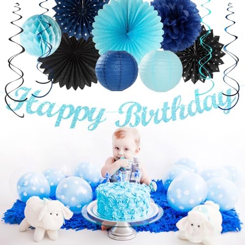 Light-Royal Navy-Blue Black Birthday Party-decorations - 21pcs Boys Men Happy Banner,Paper Streamers Lanterns Honeycomb,Tissue Pom Poms Fan,Adult Supplies Decor 16th 20th 40th 45th 50th 60th Huglony - Image 4