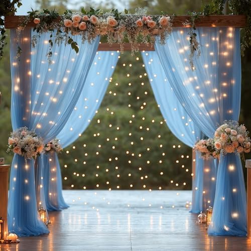 10x10FT Blue Wrinkle Free Backdrop Curtains with Lights String for Parties - Photo Curtain Backdrop with Lights for Wedding Decorations, Bridal Baby Shower Birthday Party Photography Background - Image 3