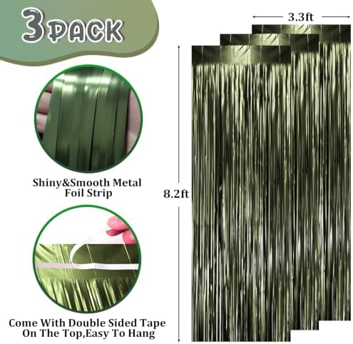 Voircoloria Dark Green Foil Fringe Backdrop Curtains, 3.3x8.2ft, 3 Pack - Image 2