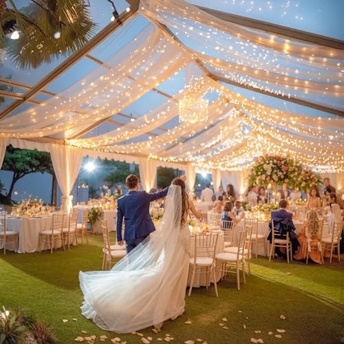 Dark Champagne Ceiling Drapes with Lights String for Weddings, 6 Panels 5ftx30ft Sheer Tulle Backdrop Photo Background Drapes for Wedding Ceremony Birthday Party Arch Decoration - Image 4