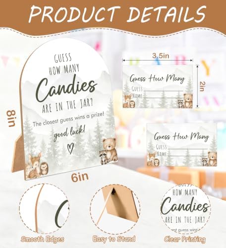Woodland Adventure Baby Shower Game, Forest Animals Guess How Many Candies Are In The Jar, 6x8 Inch Arch Wooden Sign With Stand And 50 Guessing Cards, Gender Reveal Party Supplies & Decorations - JC10 - Image 2