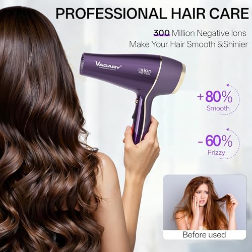 VAGARY Hair Dryer with Diffuser Concentrator, 2200W Professional Salon Ionic Blow Dryer for Frizz Free Smooth Hair, Featuring 2 Speeds and 2 Heat Settings, Cool Shot Button（Purple） - Image 3