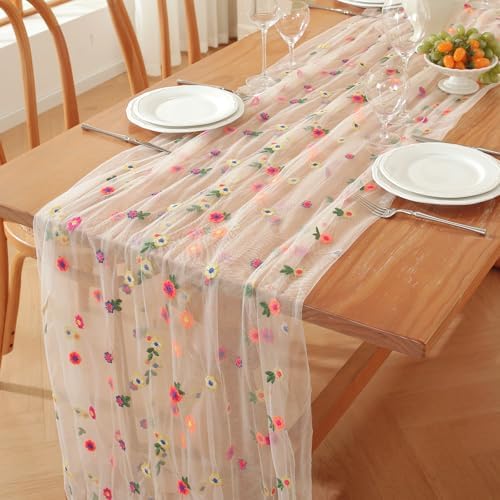 3pcs Champagne Embroidery Daisy Fall Table Runner 10ft Florals Seasonal Tulle Table Runner Holiday Kitchen Dining Table Decoration for Home Party Indoor by Unknown