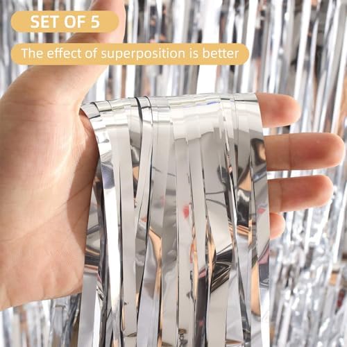 5 Pack Silver Foil Curtain Backdrop 3.2ft x 9.8ft Metallic Tinsel Foil Fringe Curtains Streamer Photo Booth Backdrop for Birthday Party Engagement Bachelorette Party Decorations (Silver) - Image 2