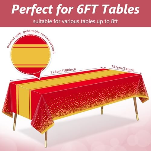 LANLISA Red and Gold Tablecloth Graduation Decorations 2025 2 Pack, Disposable Plastic Table Cloths for Birthday Masquerade Retirement Party Decor - Image 3