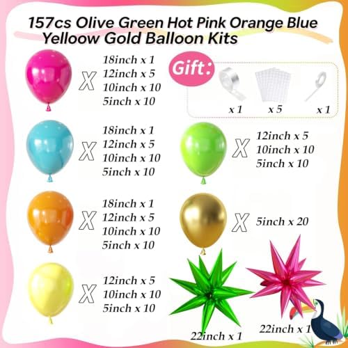 157PCS Flamingo Tropical Luau Balloons Arch Garland Kit, Olive Green Hot Pink Orange Blue Yelloow Gold Balloons with Foil Star Balloons for Summer Beach Aloha Pool Party Decorations Supplies - Image 2