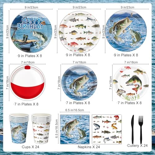 Fishing Birthday Party Decorations - Plates, Napkins, Cups, Cutlery, Honeycomb Centerpieces, Banner, Hanging Swirls, Tablecloths, Toppers, Balloons for Ofishally One Birthday Decorations, Serves 24 - Image 3