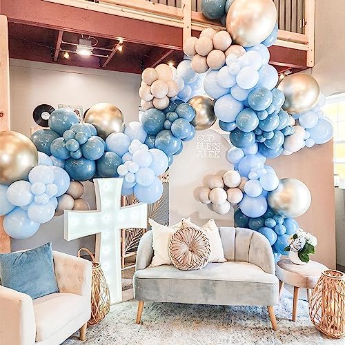 60 Pack Dusty Blue Gold Balloons, Slate Blue White Sand Teal Turquoise Crem Beige Latex Balloon Set Confetti Helium Balloon for Birthday Boho Baby Boy Shower Wedding Party Decorations - Image 6