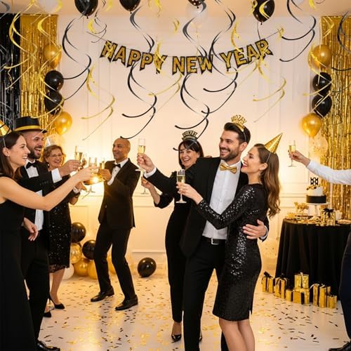 BEISHIDA 20Pcs Black Gold Hanging Swirls Birthday Graduation Ceiling Decor - Image 2