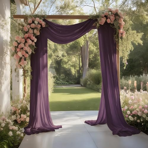 Plum Purple Wedding Arch Draping Fabric Sheer Curtain Drapes 2 Panels | 20 ft Extra Long Shimmery Backdrop Curtains for Wedding Anniversary Party Summer Outdoor Events Drapery Backgrounds by Aeviusmo