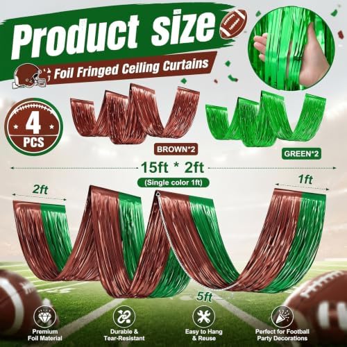 Breling 4 Pcs Green Brown Ceiling Fringe Curtains, Football Foil Drapes - Image 2