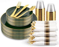 KIRE 175PCS Green Plastic Plates with Gold Rim - Heavy Duty Green Plates Disposable Include 50 Fancy Plastic Plate, 25Pre Rolled Napkins 25 Cups For Party/Wedding/Christmas by KIRE