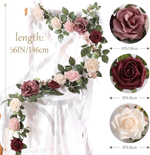 2Pcs Garisey 5FT Dusty Rose Artificial Flower Garland Blush Rose Floral Garland Arch Rose Vine for Wedding Ceremony Party Backdrop Decor Arch Flowers Mantel Table Centerpieces Decorations, Burgundy - Image 5