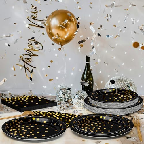 QZYL 122 Pcs Black and Gold Plates and Napkins, Black Plates Disposable for Party, Golden Birthday Tableware Serves 30, Gold Dots Retirement Party Supplies with Plate, Napkin, Fork and Tablecloth - Image 5