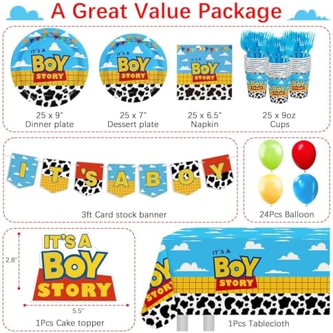 Boy Story Baby Shower Decorations, 25 Guests Includes Cardstock Plates Tableware | Tablecloth | Banner | Balloons | Cake Topper for It’s a Boy Story Baby Shower Themed Party Decorations - Image 4