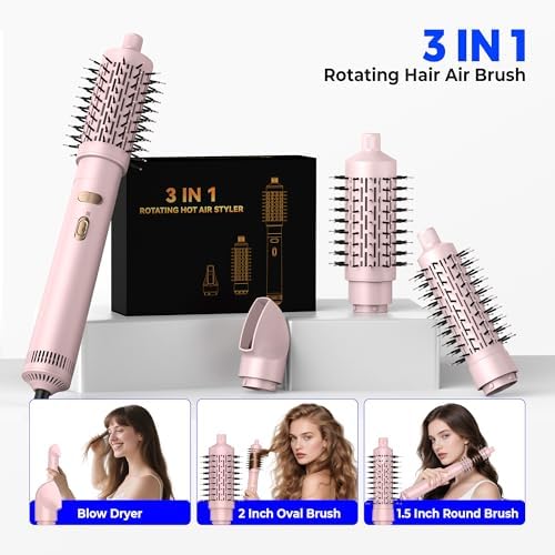 3 in 1 Rotating Hair Dryer Brush Spinning with Detachable Brush(2" & 1.5"),Negative Ionic Brush Blow Dryer 100-120V,3 Heats and 2 Speeds Rotating Hot Air Brush for Curling,Straight,Drying - Image 2