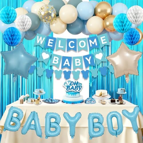 Blue Baby Shower Decorations- Girls Shower Decor Set With- Welcome Baby Banner, Clothes Banner, Fringe Curtains, Cake Topper, Honeycomb Ball, Dusty Blue Latex Balloon and Aluminum Foil Balloons (Boy) - Image 6