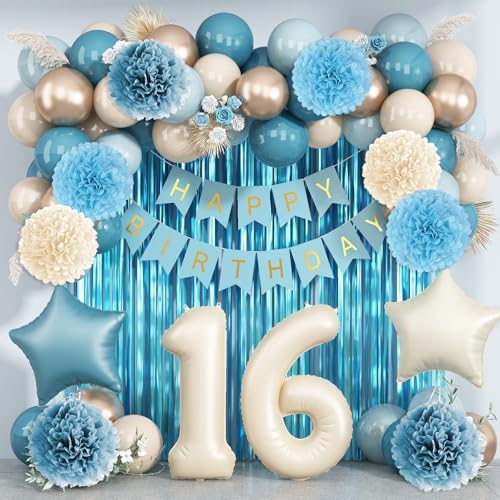 Dusty Blue 16th Birthday Party Decorations Boys Beige Number 16 Balloon by KAINSY