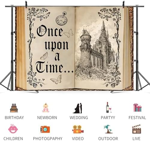 8x6ft Once Upon a Time Backdrop Fairy Tale Books Castle Princess Photography Background Once Upon a Time Birthday Baby Shower Decoration Storybook Wedding Party Banner - Image 3