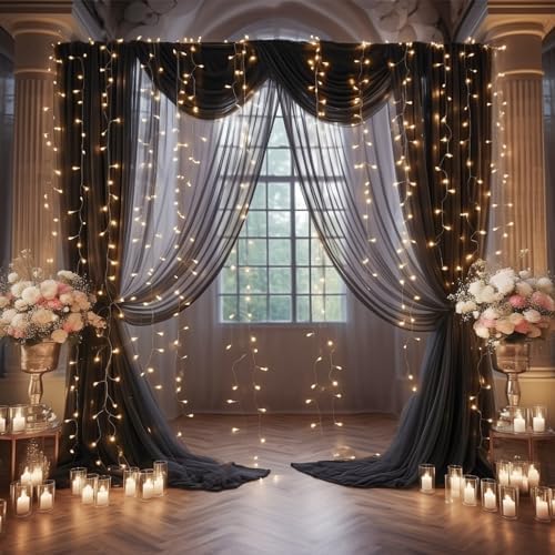 20x8ft Black Tulle Backdrop Curtain with Lights String for Parites, Sheer Photo Backdrop Curtains with Lights for Wedding Backdrop Ceremony Reception Bridal Shower Baby Shower Birthday Party - Image 6