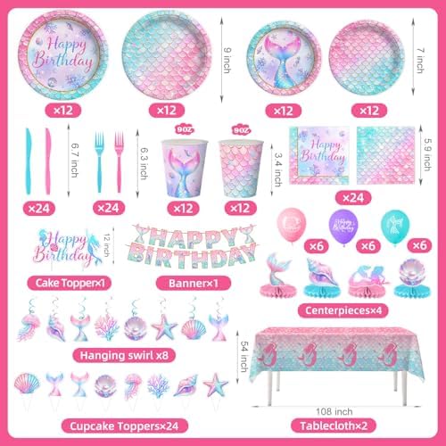 202 Pcs Mermaid Birthday Party Decorations (Serves 24), Mermaid Party Supplies Include Banner Hanging Plates Napkins Cups Forks Knifes Tablecloth Topper Balloons and Sash for Baby Shower - Image 3