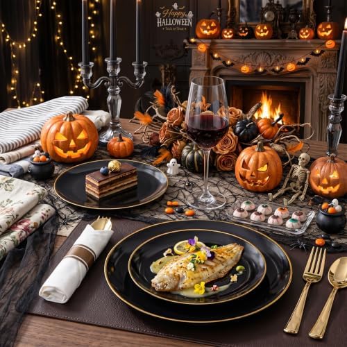 KIRE 60PCS Black Plastic Plates - Black Disposable Plates with Gold Rim - Include 30Pcs 10.25inch for Dinner and 30Pcs 7.5inch for Dessert for Wedding/Graduation/Party/Halloween/New Year - Image 4