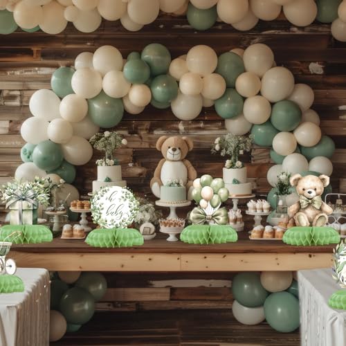 12 Pcs Sage Green Teddy Bear Baby Shower Decorations - We Can Bearly Wait Baby Shower Decorations - Neutral Bear Balloon Centerpieces for Tables - Sage Green Honeycomb Table Decor for Baby Shower - Image 6