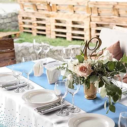 16Pack Disposable Plastic Tablecloths and Satin Table Runner Set White and Light Blue Dot Tablecloth Blue Satin Table Runner for Wedding Birthday Baby Shower Anniversary Engagement Xmas Party Supplies - Image 6