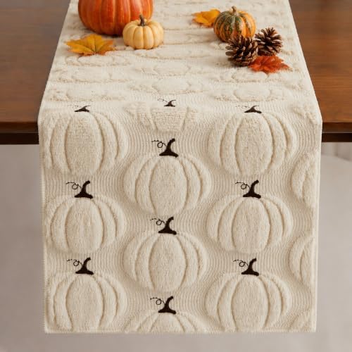 Fall Table Runner 13x90 Inch Soft Plush Faux Fur Jacquard Beige Pumpkin Table Runner, Seasonal Autumn Kitchen Dining Table Decoration for Home Party Decor ZR010A90 by Unknown