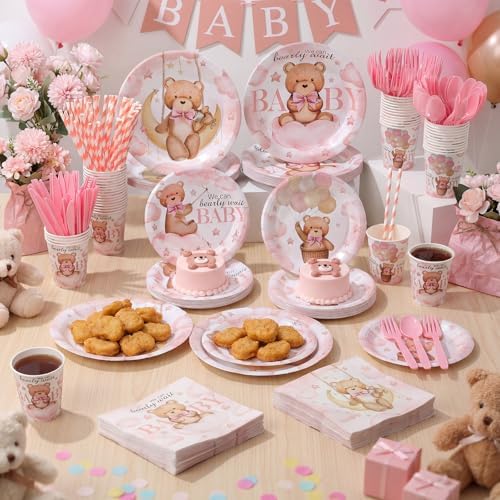 450 Pcs Bear Baby Shower Tableware Set, Serve 50, Pink - Image 6