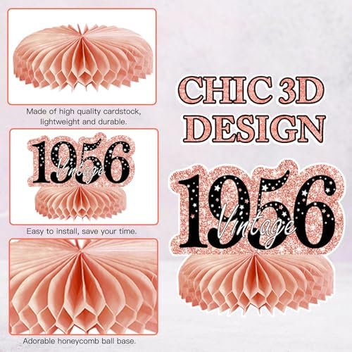 9Pcs 70th Birthday Decorations Honeycomb Centerpieces for Women, Rose Gold Pink Happy 70th Birthday Centerpieces Tables Toppers Party Decorations Supplies, Vintage 1956 Aged Table Sign Decor - Image 3