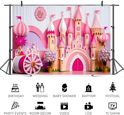 12x6ft Princess Castle Backdrop Pink Purple Floral Girl Birthday Photography Background Kids Birthdays Newborn Baby Shower Banner Decorations Wedding Party Portrait Photo Booth Prop - Image 5