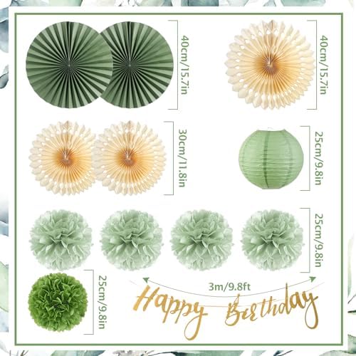 SUNBEAUTY Sage Green Birthday Decorations for Women Green Tissue Pom Poms Paper Lanterns Party Decorations Happy Birthday Banner Sage Green Paper Fans for Spring Garden Party Wedding Bridal Shower - Image 3