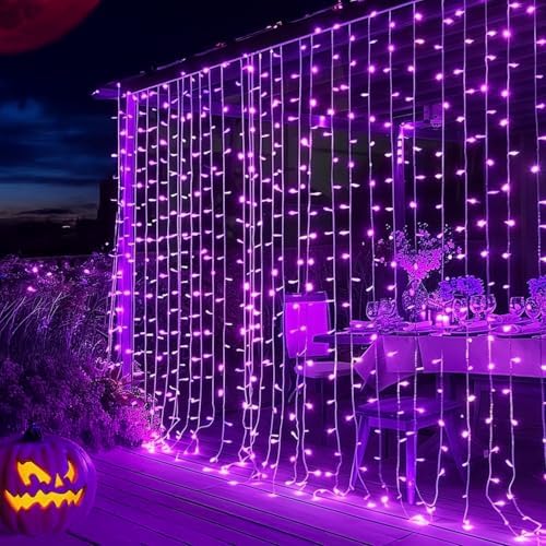 Dazzle Bright 300 LED Christmas Curtain String Lights, Halloween Fairy Lights for Bedroom with 8 Lighting Modes, Waterproof Window Light Party Wedding Garden Wall Decor, Purple by DazzleBright