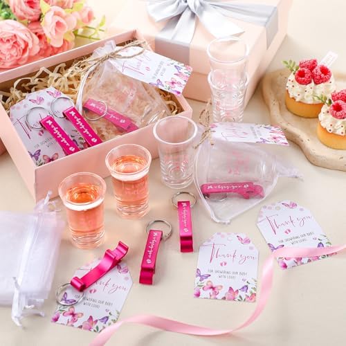 50 Sets Baby Shower Favors Shot Glasses Keychain Gifts, Butterfly, Pink - Image 5