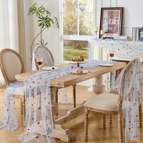 BINBE 6pcs Daisy Spring Table Runner Embroidery Gauze 10FT Florals Seasonal Tulle Holiday Birthday Kitchen Dining Table Decor for Home Party Blue - Image 6