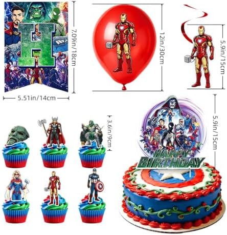 Super Theme Hero Birthday Party Supplies, Cartoon Party Decorations Set Include Banner, Backdrop, Balloons, Hanging Swirls, Cake Cupcake Toppers, Tablecloth - Image 3